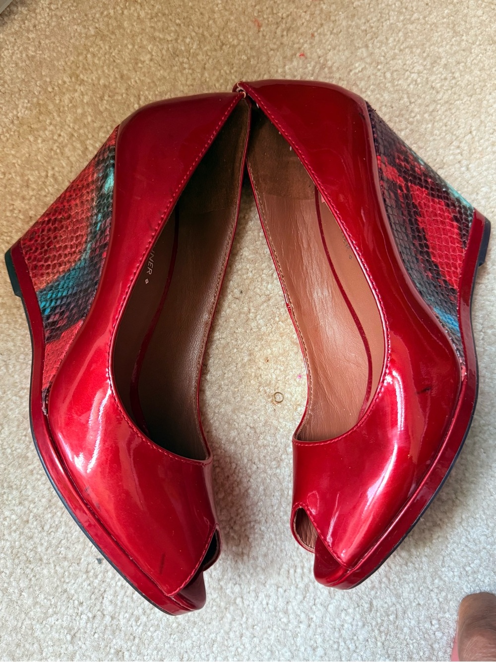 Donald J Pliner Red Patent Peep-Toe Wedge Pumps with Snakeskin Accent